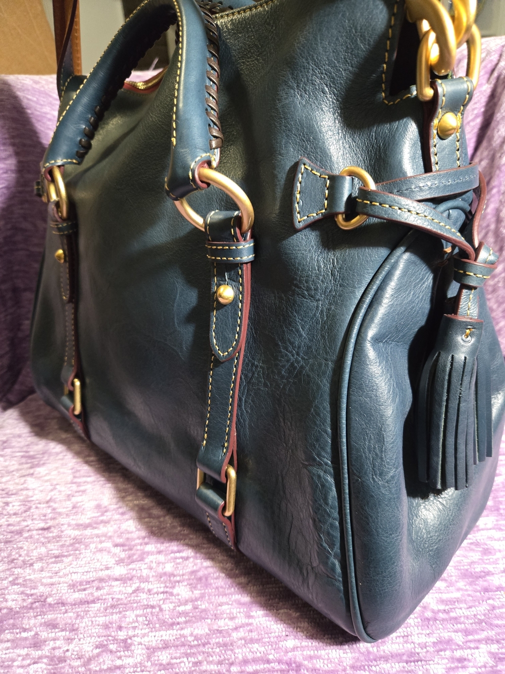 Dooney & Bourke Medium Satchel in Denim. Florentine Leather with Gold Hardware. - Picture 6 of 12